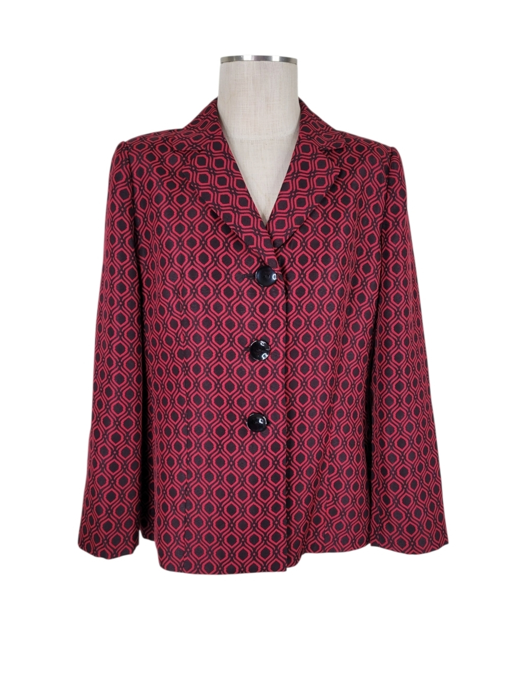 Le Suit Pant Suit Size 14P Red Black Blazer Solid Black Pleated Pants Belt Lined - Picture 3 of 11